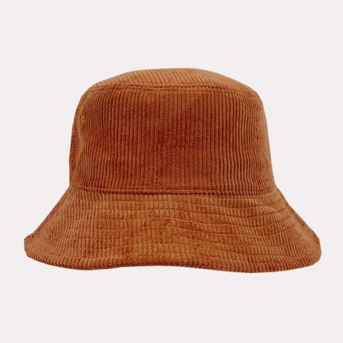 Plain Corduroy Bucket Hat - Orange Brown / One Size - Hats