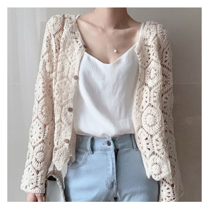 Plain Crop Crochet Knit Cardigan