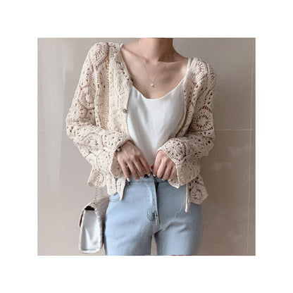 Plain Crop Crochet Knit Cardigan