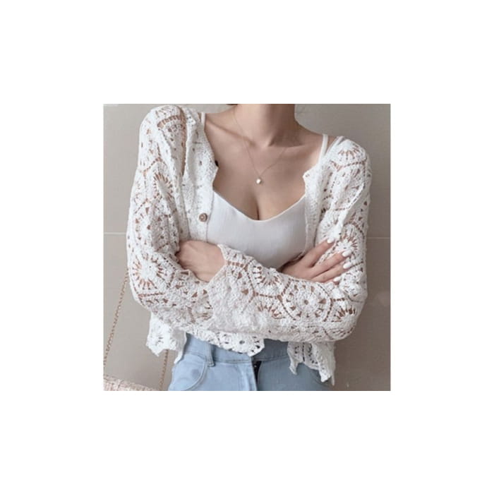 Plain Crop Crochet Knit Cardigan