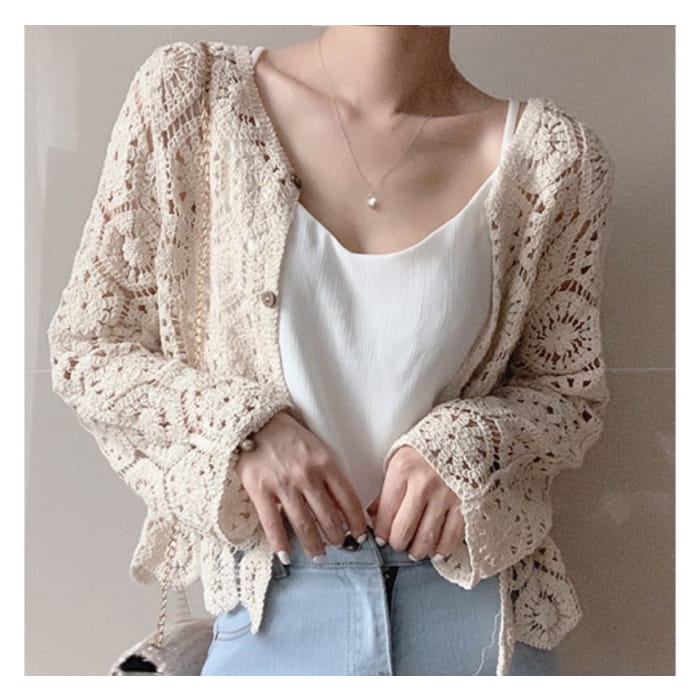 Plain Crop Crochet Knit Cardigan