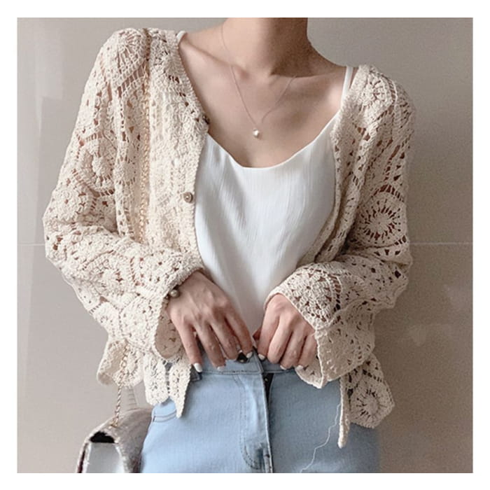 Plain Crop Crochet Knit Cardigan