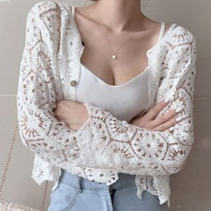 Plain Crop Crochet Knit Cardigan - White / One Size