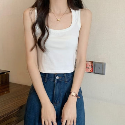 Plain Crop Tank Top - Off-White / One Size