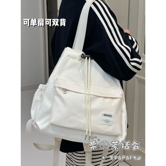 Plain Drawstring Backpack Tote - Off-White / One Size