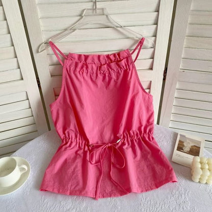 Plain Drawstring Camisole Top - Rose Pink / One Size