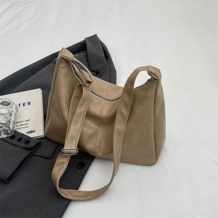 Plain Faux Leather Crossbody Bag / Charm / Set - Khaki