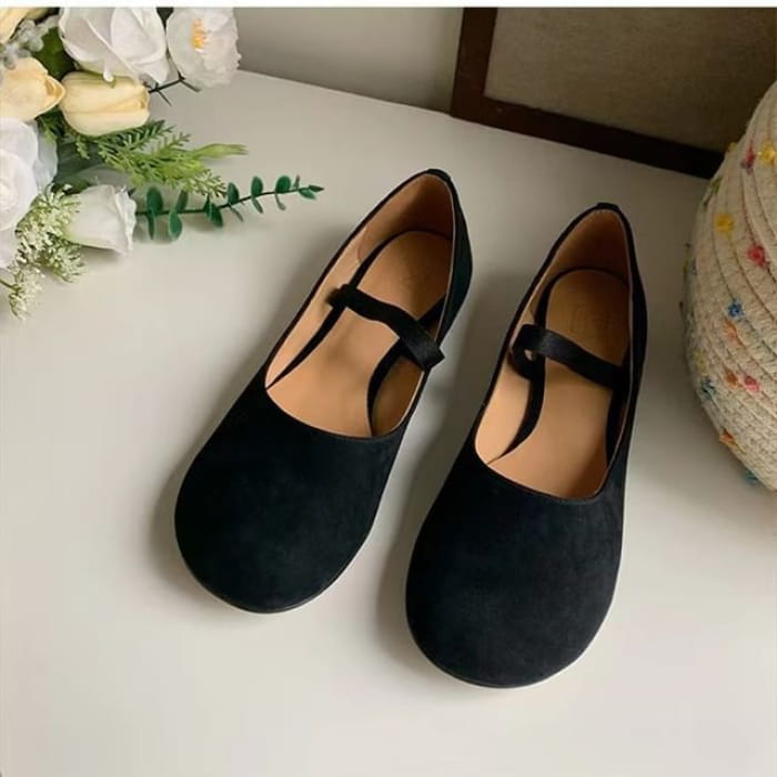 Plain Faux Leather Mary Jane Flats - Black / 35