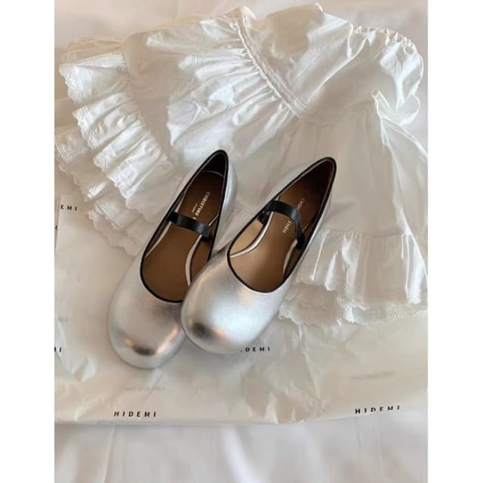 Plain Faux Leather Mary Jane Flats - Silver / 35