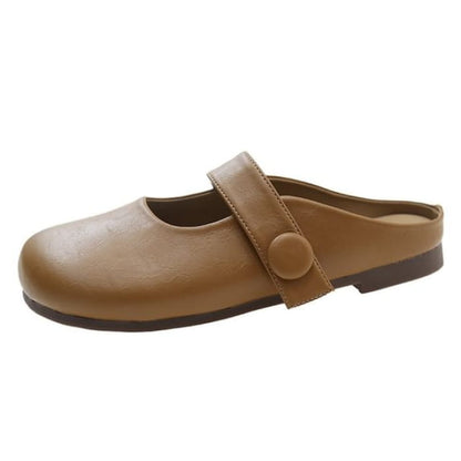 Plain Faux Leather Mary Jane Mules - Khaki / 35 - Shoes