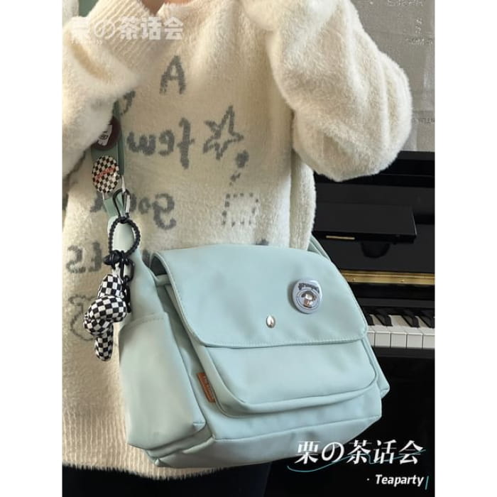 Plain Flap Crossbody Bag / Charm / Set - With Knot - Green