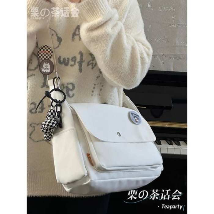 Plain Flap Crossbody Bag / Charm / Set - With Knot - White