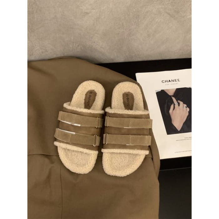 Plain Fleece Slide Sandals - BSL775-1 - Greenish Brown / 35