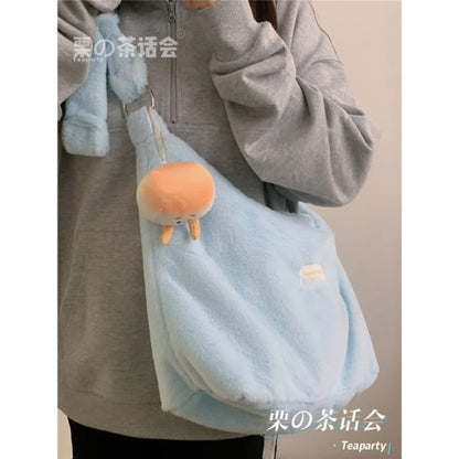 Plain Fluffy Crossbody Bag - With Bun Charm - Light Blue