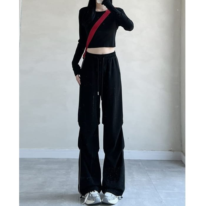 Plain High Rise Drawstring Parachute Wide Leg Sweatpants