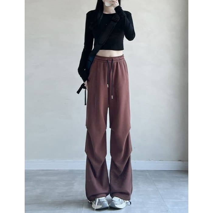 Plain High Rise Drawstring Parachute Wide Leg Sweatpants