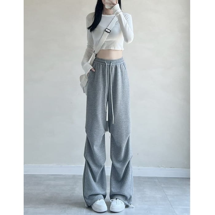 Plain High Rise Drawstring Parachute Wide Leg Sweatpants