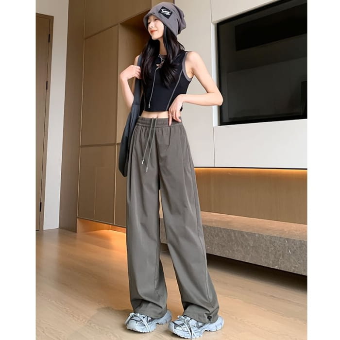 Plain High Waist Drawstring Wide Leg Sweatpants