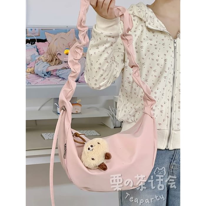 Plain Hobo Bag / Charm / Set - With Khaki Pom - Pink