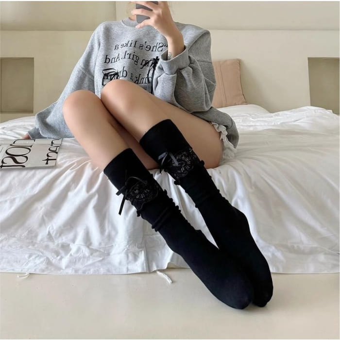 Plain Lace Panel Bow Socks