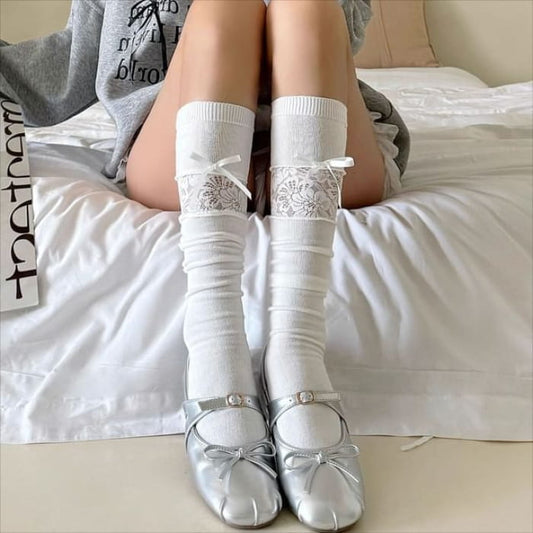 Plain Lace Panel Bow Socks