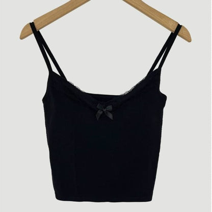 Plain Lace Trim Bow Camisole Top - Black / One Size