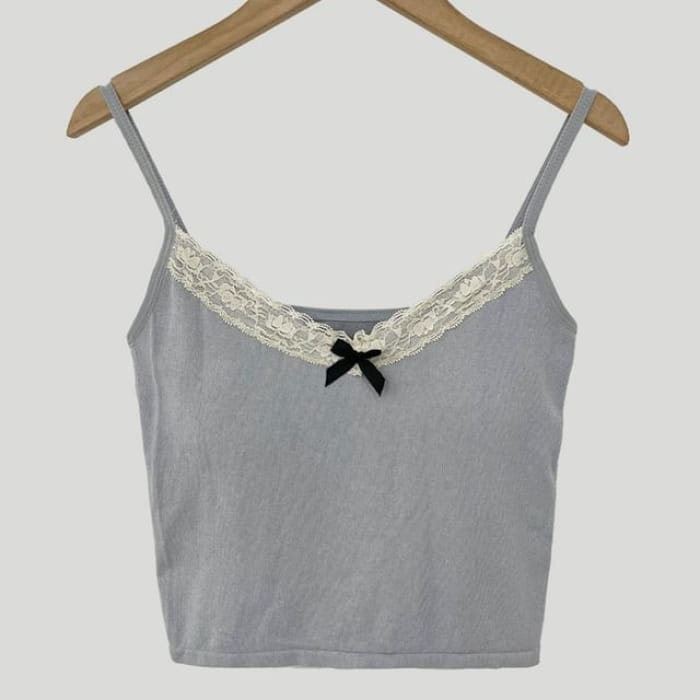 Plain Lace Trim Bow Camisole Top - Gray / One Size