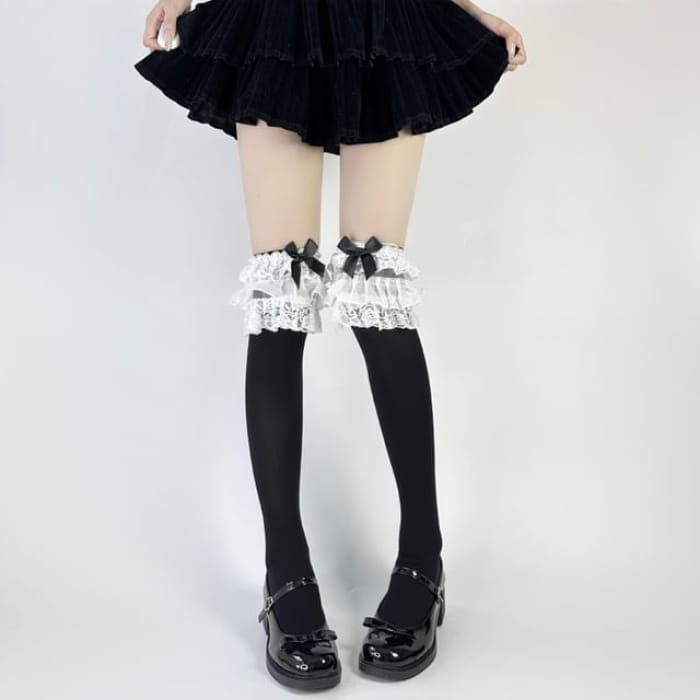 Plain Lace Trim Bow Socks - Over-the-Knee - Black / One Size