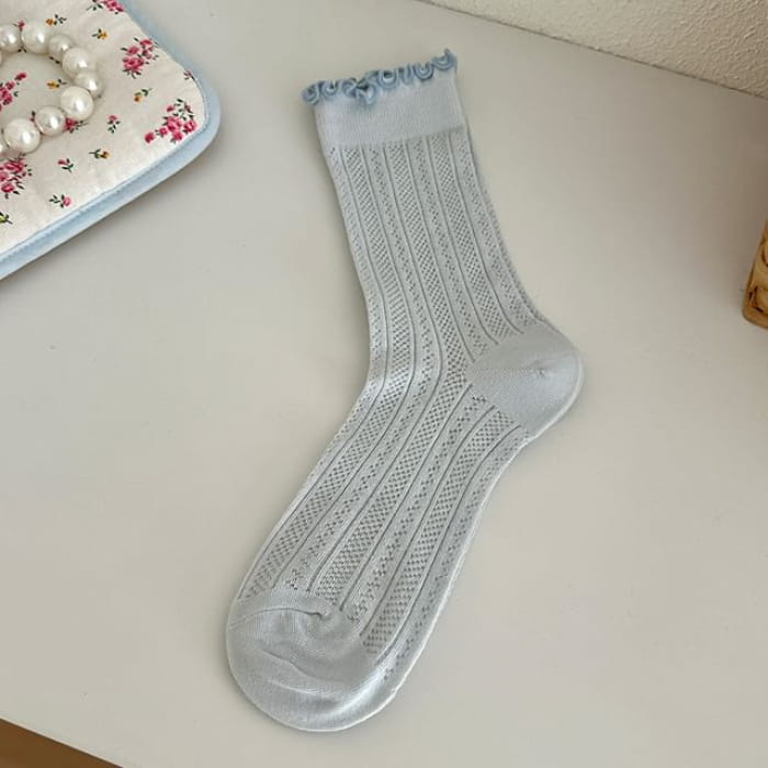 Plain Lettuce Edge Perforated Socks - 1 Pair - Light Blue