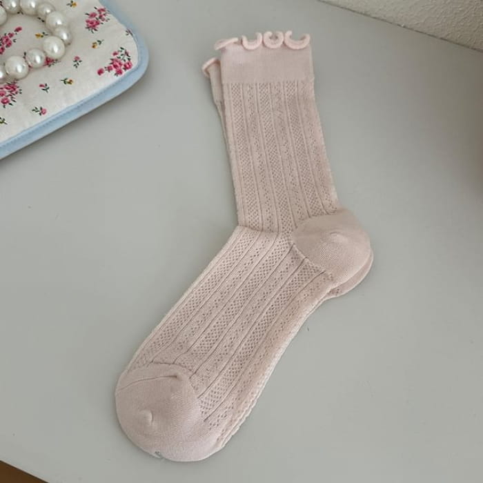 Plain Lettuce Edge Perforated Socks - 1 Pair - Light Pink