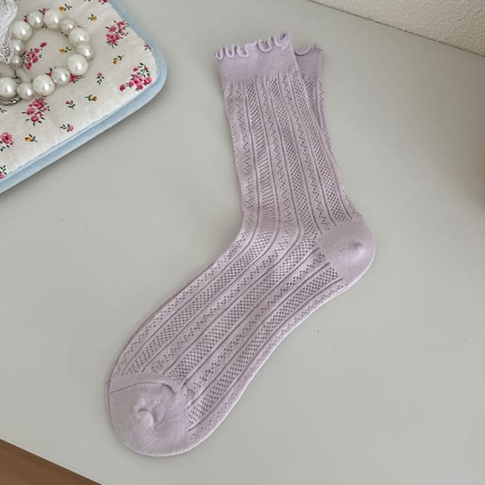 Plain Lettuce Edge Perforated Socks - 1 Pair - Light Purple