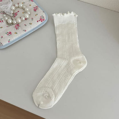 Plain Lettuce Edge Perforated Socks - 1 Pair - Milky White