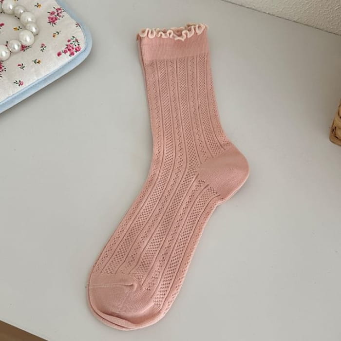 Plain Lettuce Edge Perforated Socks - 1 Pair - Pink