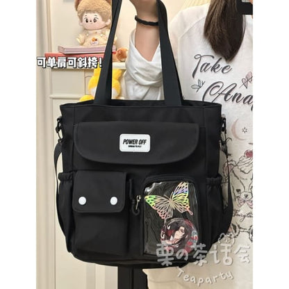 Plain Multi-Pocket Crossbody Tote Bag - Black / One Size