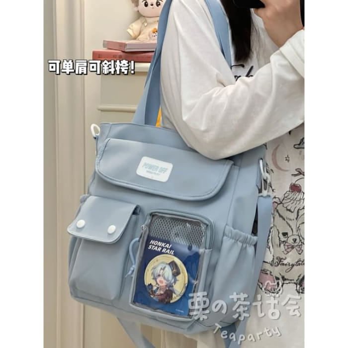 Plain Multi-Pocket Crossbody Tote Bag - Blue / One Size