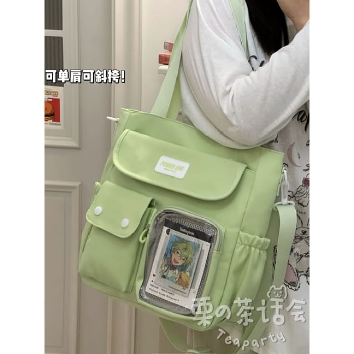 Plain Multi-Pocket Crossbody Tote Bag - Green / One Size