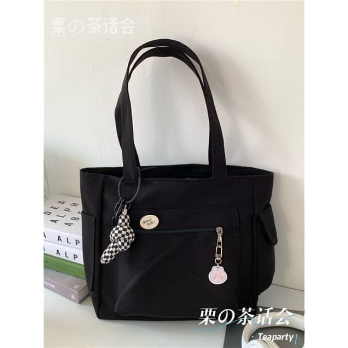 Plain Multi-Pocket Tote Bag - With Knotted Charm - Black