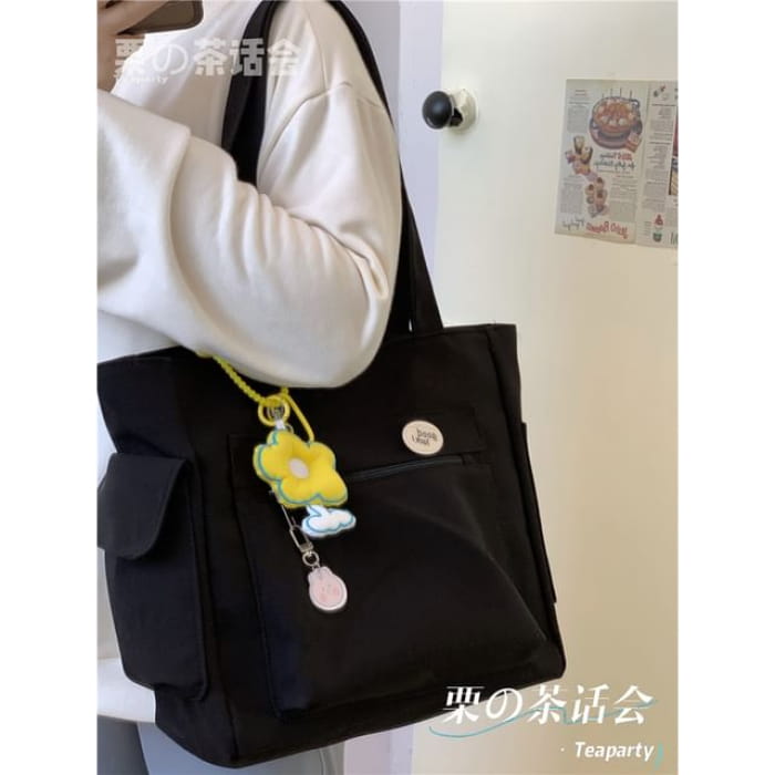 Plain Multi-Pocket Tote Bag - With Yellow Flower Charm