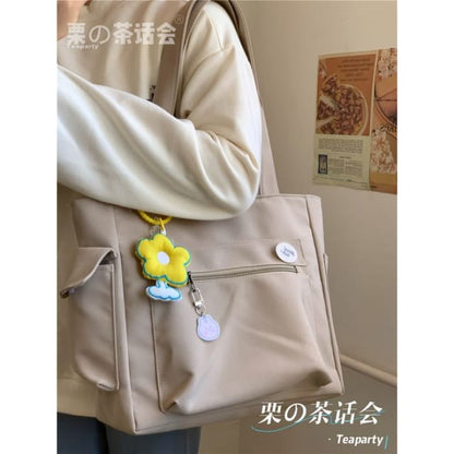 Plain Multi-Pocket Tote Bag - With Yellow Flower Charm