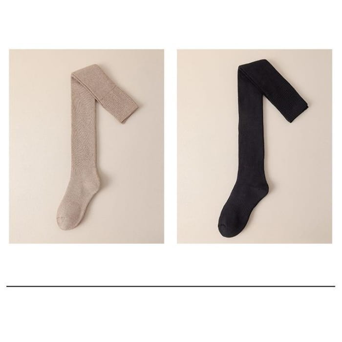 Plain Over the Knee Socks Set - 2 Pairs - Khaki & Black