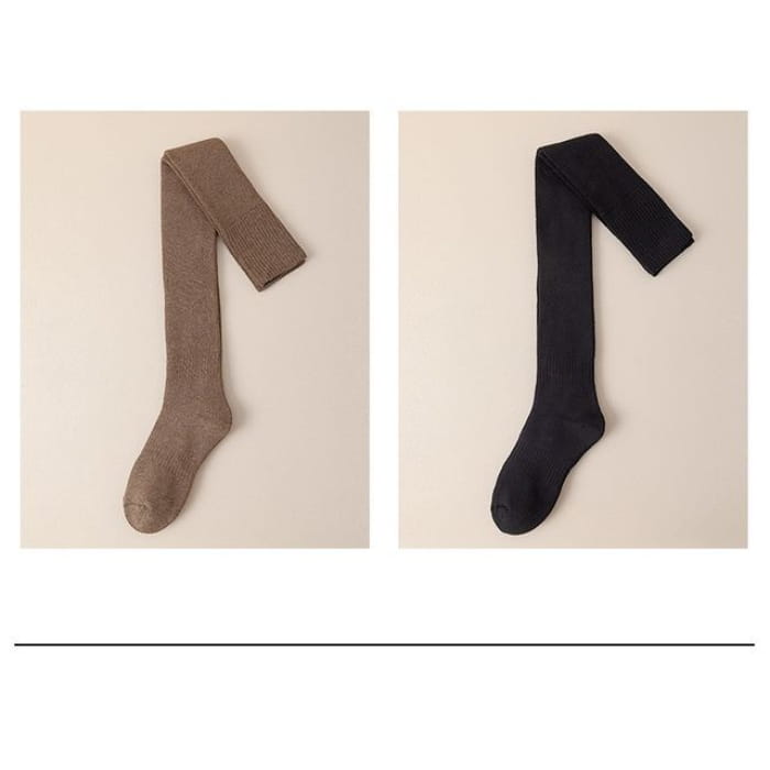 Plain Over the Knee Socks Set - 2 Pairs - Light Coffee &