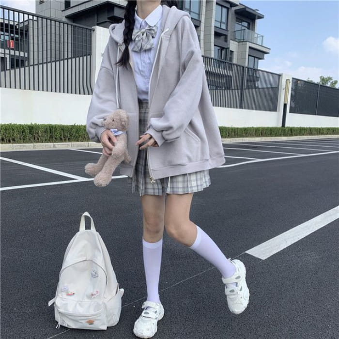 Plain Oversized Zip Hoodie (Various Designs) - Slim - Gray