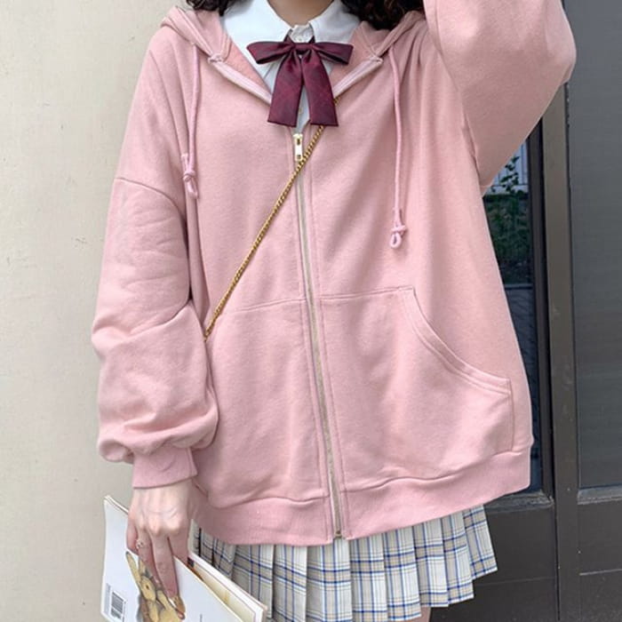 Plain Oversized Zip Hoodie (Various Designs) - Slim - Pink