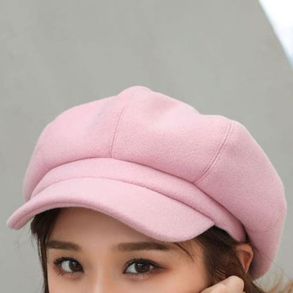 Plain Panel Newsboy Cap - Pink / One Size