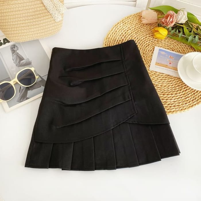 Plain Pleated A-Line Skirt - Black / S