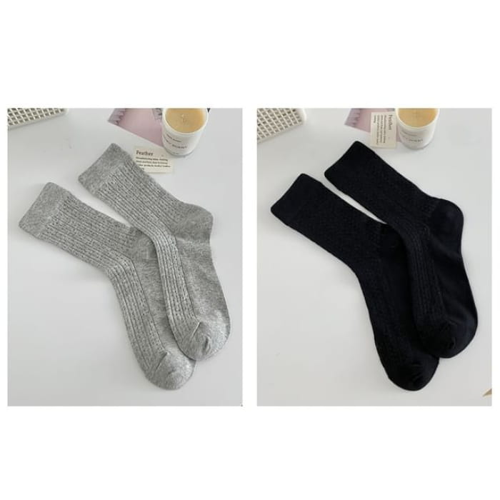 Plain Pointelle Knit Socks / Set - of 2 Pairs - Gray &