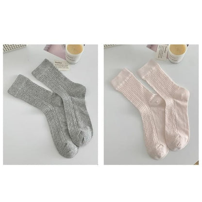 Plain Pointelle Knit Socks / Set - of 2 Pairs - Gray &