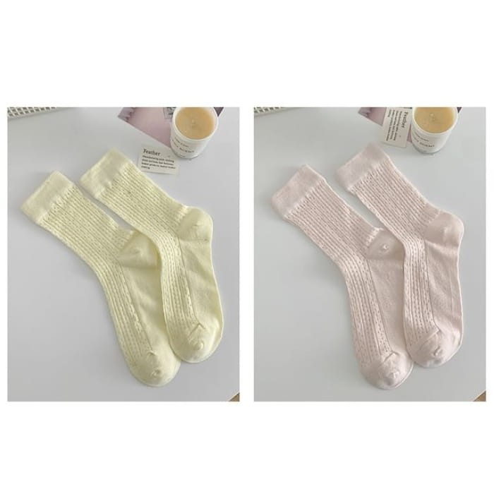 Plain Pointelle Knit Socks / Set - of 2 Pairs - Light