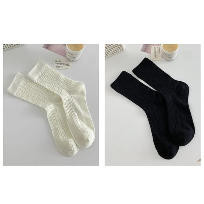 Plain Pointelle Knit Socks / Set - of 2 Pairs - White &