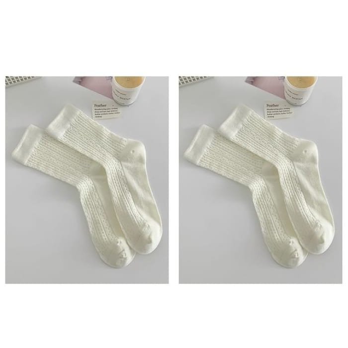 Plain Pointelle Knit Socks / Set - of 2 Pairs - White &